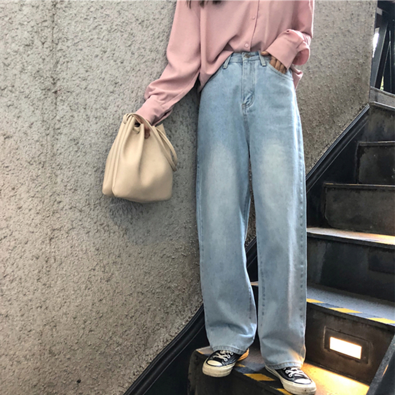 

Jeans Women Leisure Korean Style All-match Simple Full-length Trendy Chic Zipper Loose High Waist Retro Wide Leg Womens Jean, Blue