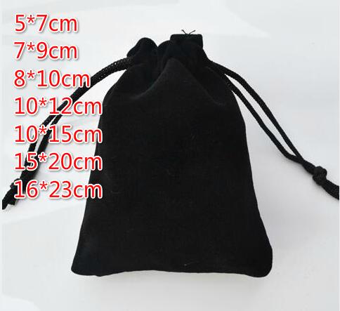 

Free Ship 100pcs/lot 5x7, 7x9, 8x10, 10x12, 10*15, 15*20, 16*23cm Black Drawstring Velvet Bags & Pouches Jewelry Bags Gift Packaging Bag