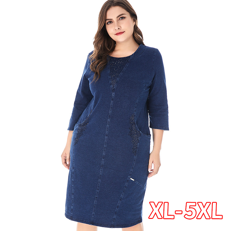 

Womens Plus Size denim dress For Women High Quality Fashion Ladies Vintage Elegant Noble Party Large Size fall dresses, Blue