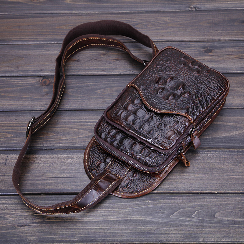 

New Fashion Genuine Leather Men's Chest Bag Casual Oil Wax Bag Trendy Cowhide Crocodile Crossbody, Sky blue