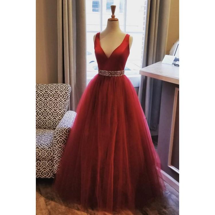 

2019 Deep V Neck Prom Dresses With A Line Sleeveless Beaded Formal Dresses Plus Size Evening Wear Party Gown QC1330, Same as picture