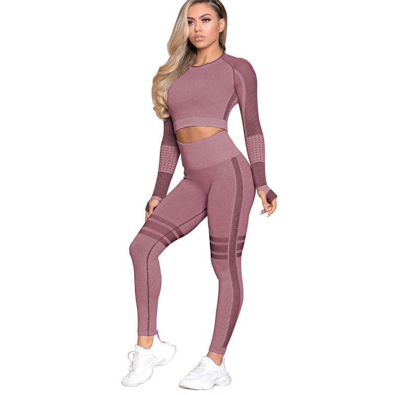 

Sexy Hollow Mesh Women' Slim Quick-drying Sports Long-sleeved Fitness Yoga Clothing Breathable Yoga Set Gym Women Set, Black