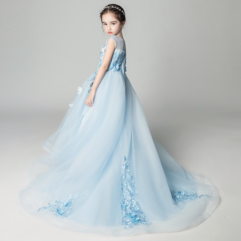 

Mermaid Girl's Pageant Birthday Party Dress Light Blue Beaded Appliques Flowers Girl Princess Dress Fluffy Kids First Communion Dresses, Same as image
