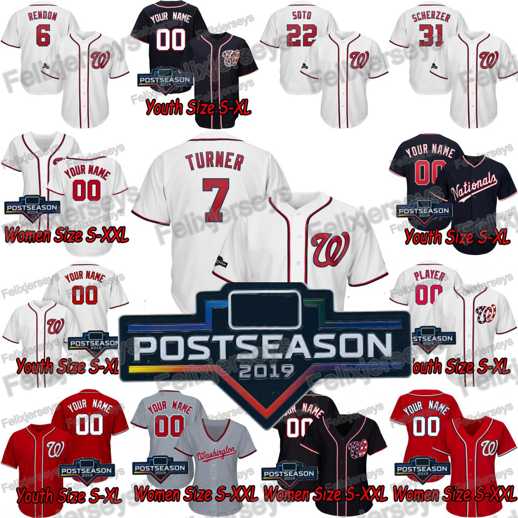 

Lady Youth Men 7 Trea Turner 2019 Postseason Patrick Corbin Juan Soto Max Scherzer Anthony Rendon Adam Eaton Stephen Strasburg Jersey, Blue;black
