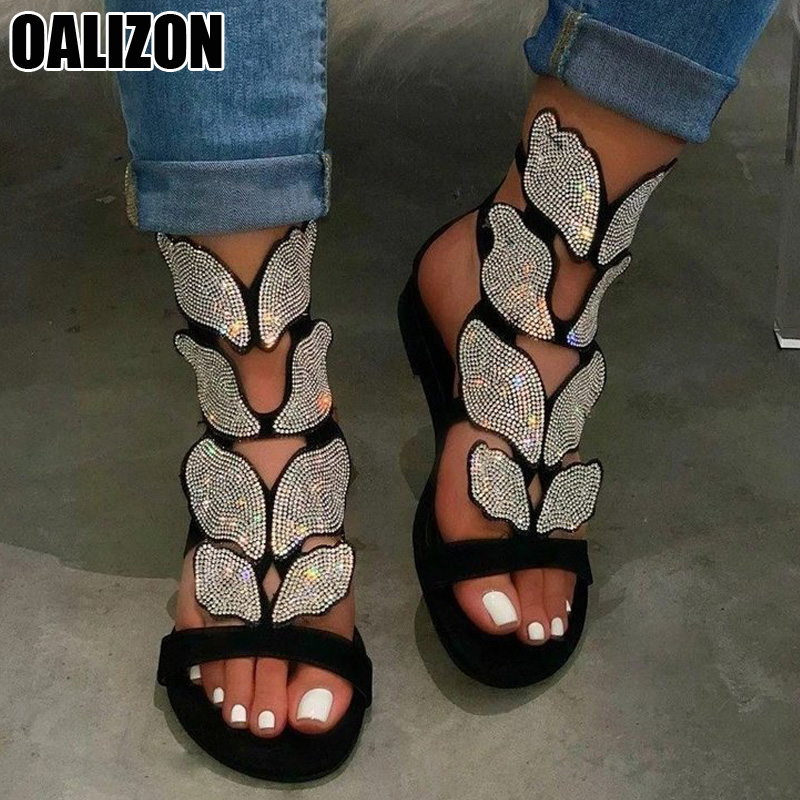 

Summer Women's Sandals Rhinestone Buckle Strap Sandals Lady Outdoor Female Beach Hollow Out Butterfly Crystal Boots R114, Black