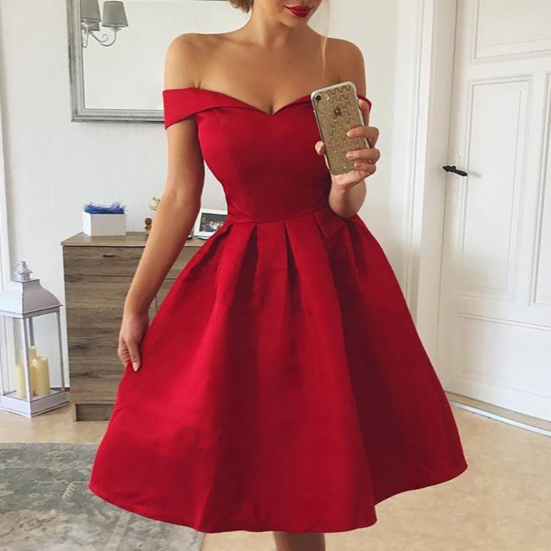 

Strapless off the shoulder dress Women short sleeve A line pleated dresses Summer elegant ladies party sexy vestidos mujer, Red