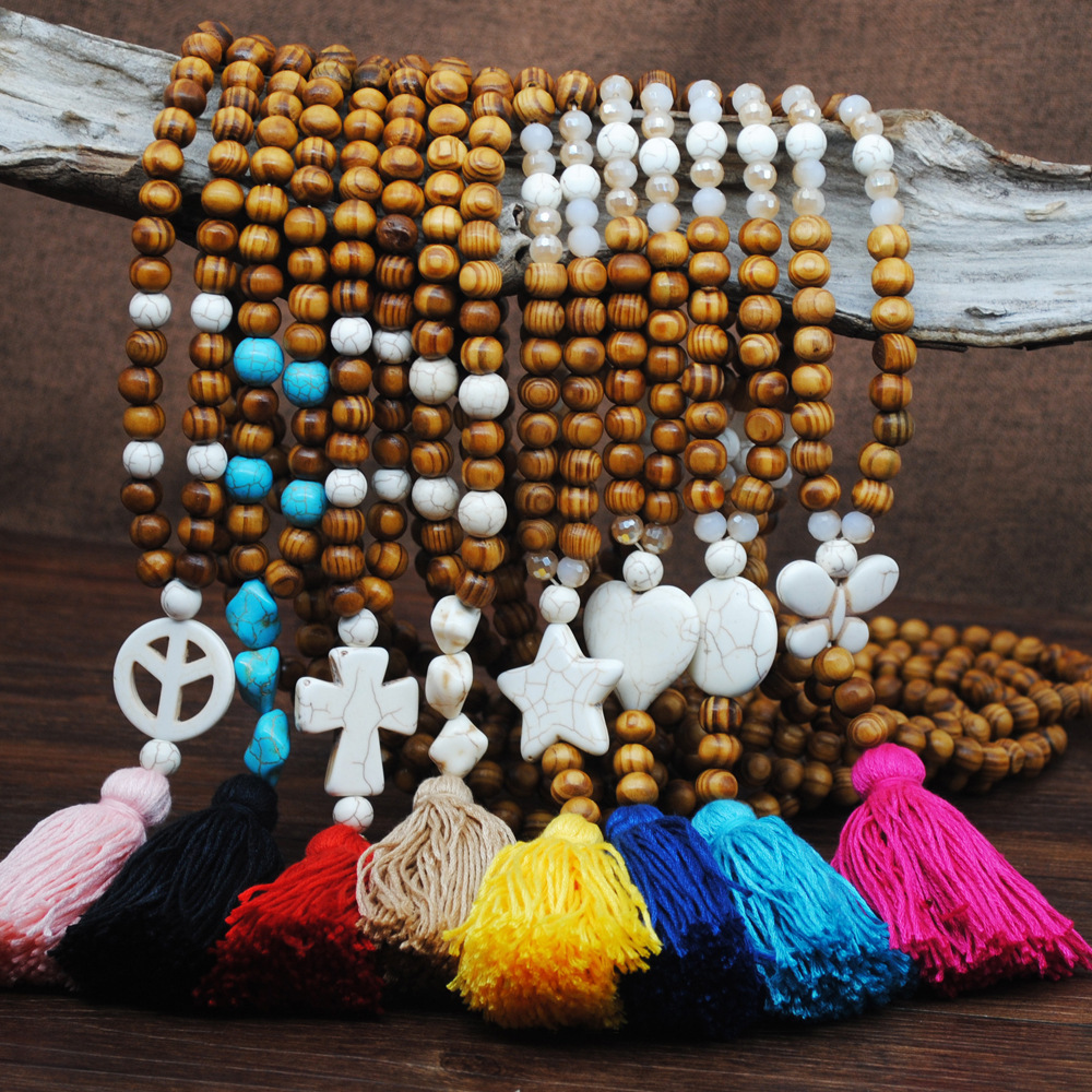 

Accessories turquoise pendant natural wooden beads sweater chain Bohemia colorful tassel necklace long female, Champagen