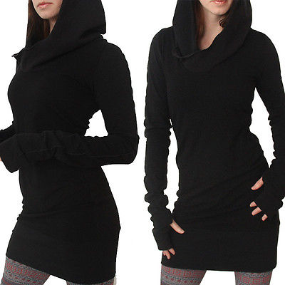 

New Women Long Sleeve Casual Bodycon Hoddie Fullover Jumper Dress, Black