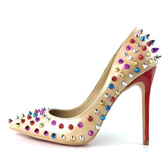 

Come with logo and box red bottom high heel gold blue rivets spike high heels designer pumps dress shoes size 35 to 42, Gold-red bottom