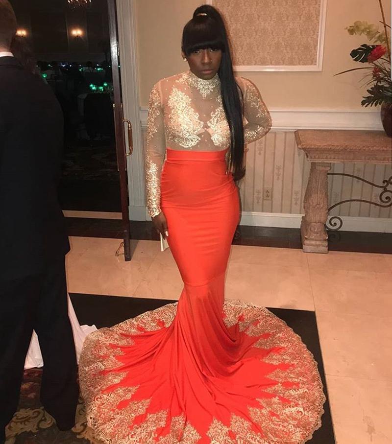 

2020 New Orange Mermaid See Through Prom Dresses High Neck Long Sleeves Gold Lace Appliques Beads Formal Evening Party Gowns FGY124, Yellow