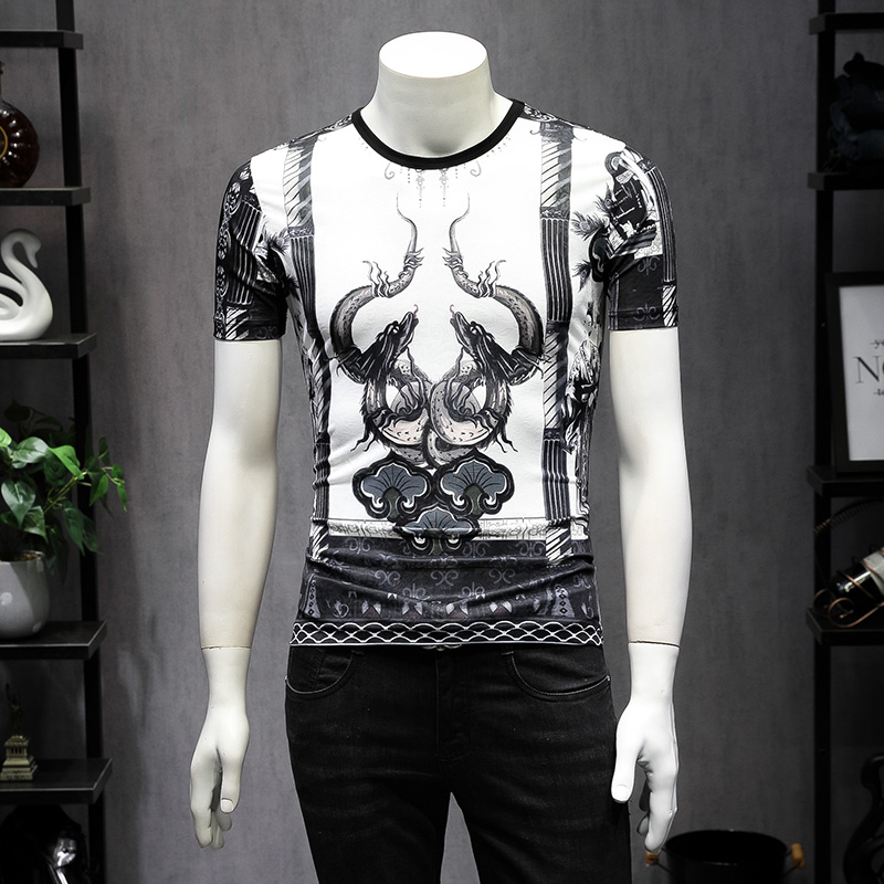 

2019 summer tide men's personality pattern t-shirt Korean version of the trend handsome casual Slim men's round neck short-sleeved sweatshir, White;black