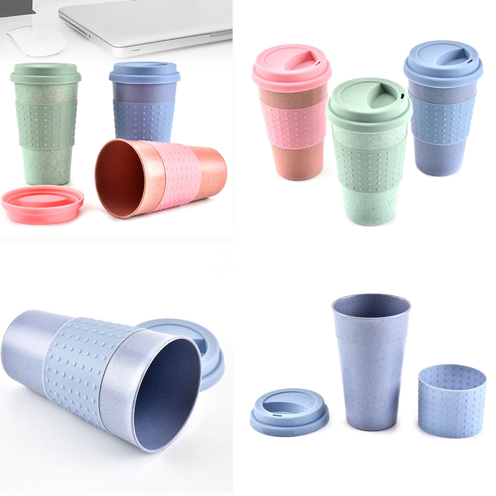 300ML Nature Wheat Straw Coffee Cup Travel Mug Leak Proof With Lid Hot Solid Color Wheat Straw Mugs Cover Band Water Bottle-image-481721934