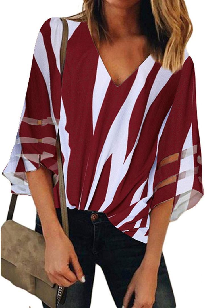 

2019 Women Half Sleeve Striped Blouse V-Neck Casual Shirts Flare Sleeve Loose Mesh Patchwork Tops Femme Mujer, Black