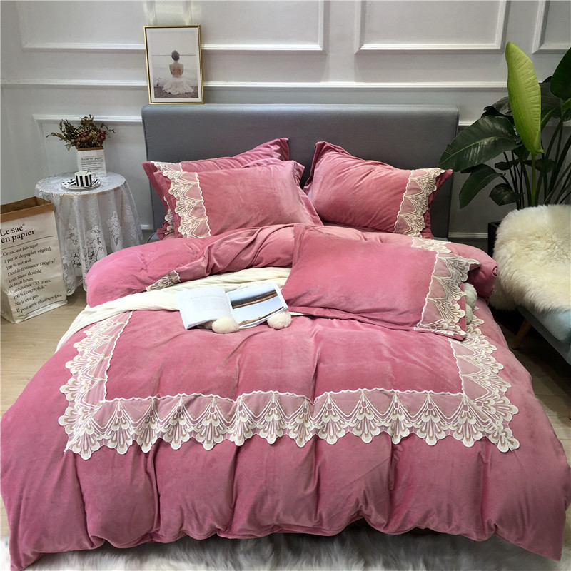 

Pink Blue gray Winter Warm Thick Flannel Bedding set Lace Fleece fabric Duvet cover Bed Sheet Bed Linen Pillowcases 4pcs