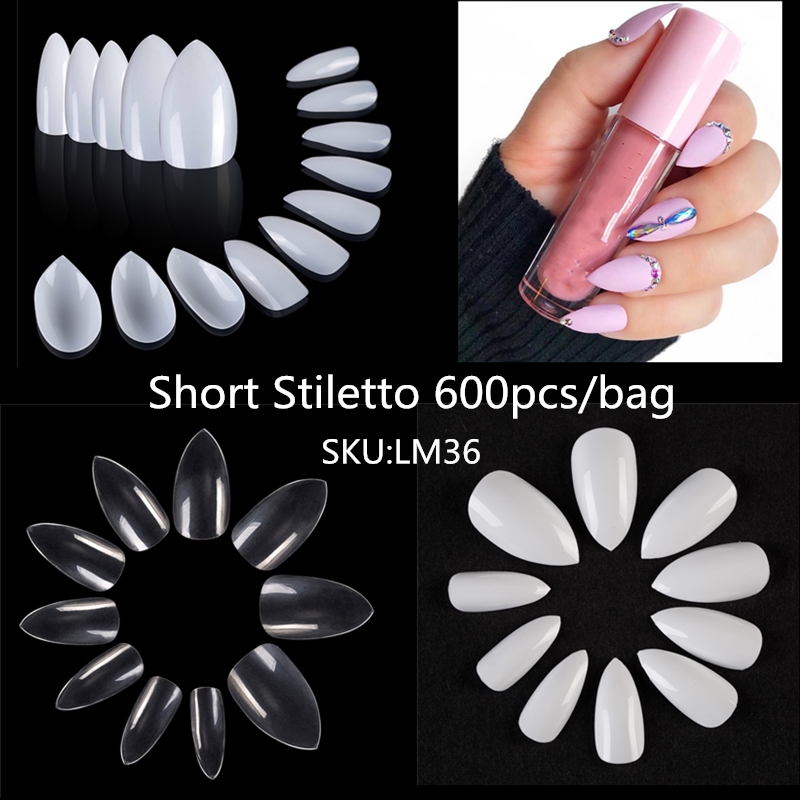 

600/500pcs White Clear Acrylic Clear Natural Transparent French Acrylic UV Gel Manicures Artificial False Nail Art Tips Tools, Lm15-white