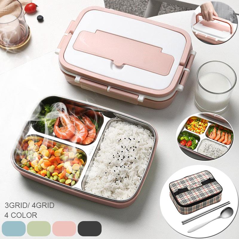 

Japanese-Style Lunch Box 304 stainless steel Bento Lunch Box With Compartment Tableware Food Container with Spoon Chopsticks Bag, 4 grid black