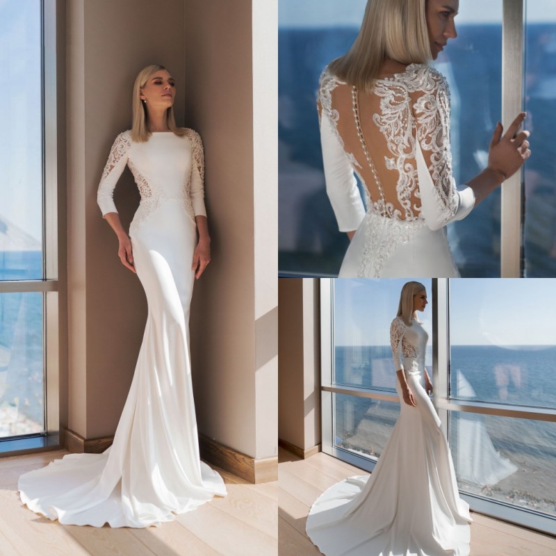 

2020 Elegant Mermaid Wedding Dresses Jewel Neck 3/4 Sleeve Beads Appliques Covered Button Satin Wedding Dress Sweep Train Bridal Gowns, Ivory