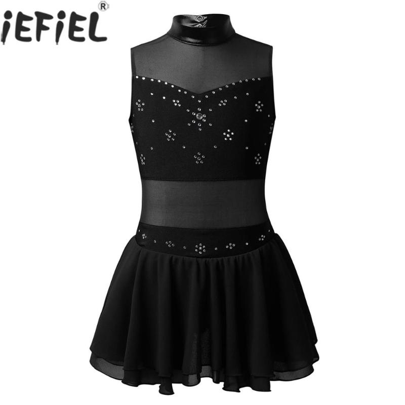 

Teens Kids Girls Figure Ice Skating Competition Dress Gymnastics Leotard Metallic Rhinestone Roller Skating Ballet Dance Costume, Black