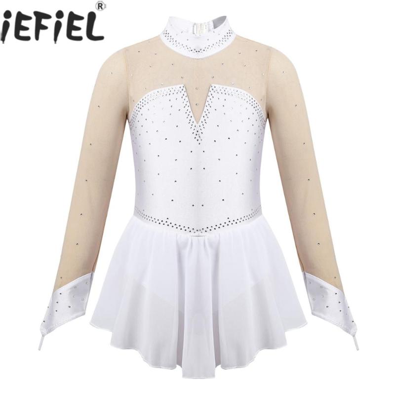 

Girls Figure Skating Dress Long Sleeves Sparkly Rhinestone See Through Tulle Ice Roller Skating Leotard Ballroom Dance Costumes, Black