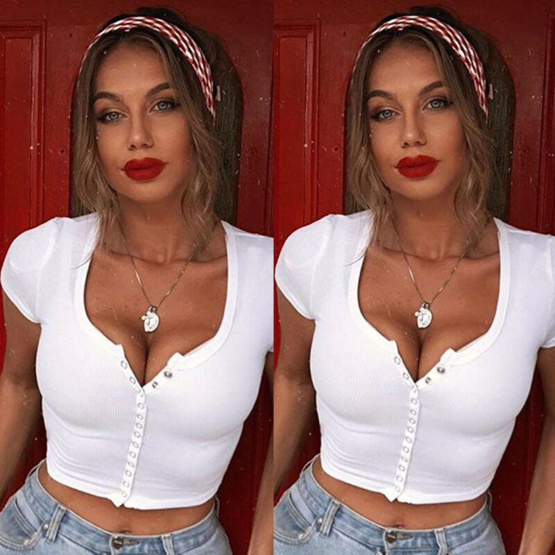 

Women Sexy Ladies Short Sleeve Crop Top Button Vest Halter Tank Tops T-Shirt, White