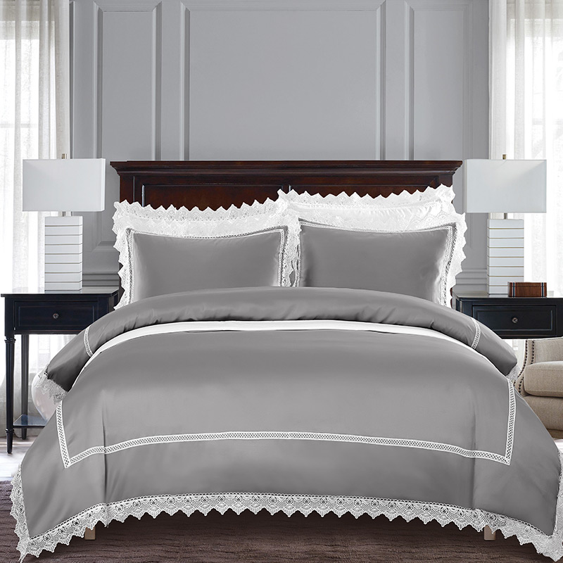 

Washed Silk+Cotton Lace Style Wedding Bedding Set Luxurious Duvet Cover Bed Set Flat Sheet Pillowcases  King 4pcs #sw, -drs-bai