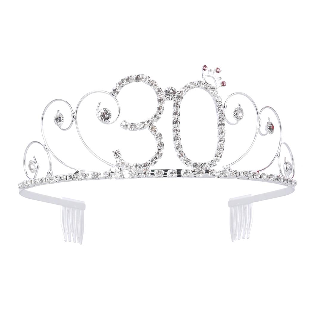 

1pc 30th Birthday Tiara Rhinestone Shiny Crystal Birthday Crown Hair Band Headband for Ladies Women Girls with Hair Combs Clip