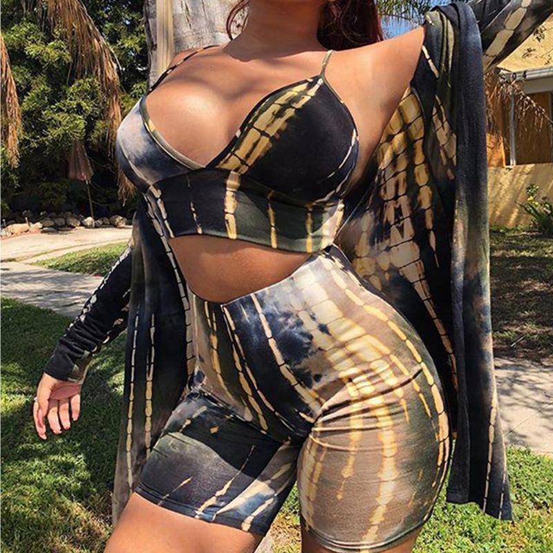 

2PCS Women Sling Crop Tops High Waist Shorts Tie dye Print Two Piece Set Sexy Fashion Tracksuit Beach Party Wear Summer Gym wear