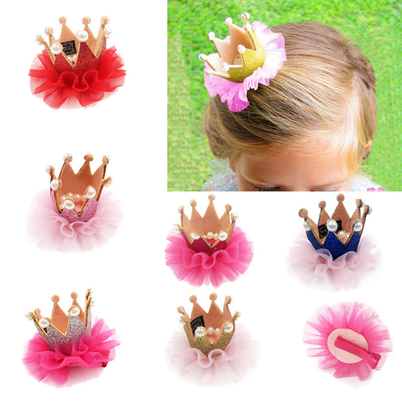 

New Cute Lovely Baby Pearl Rhinestone Crown Hair Clips Children Hair Mesh Flower Barrettes Accessories Free Shipping, Mixed color