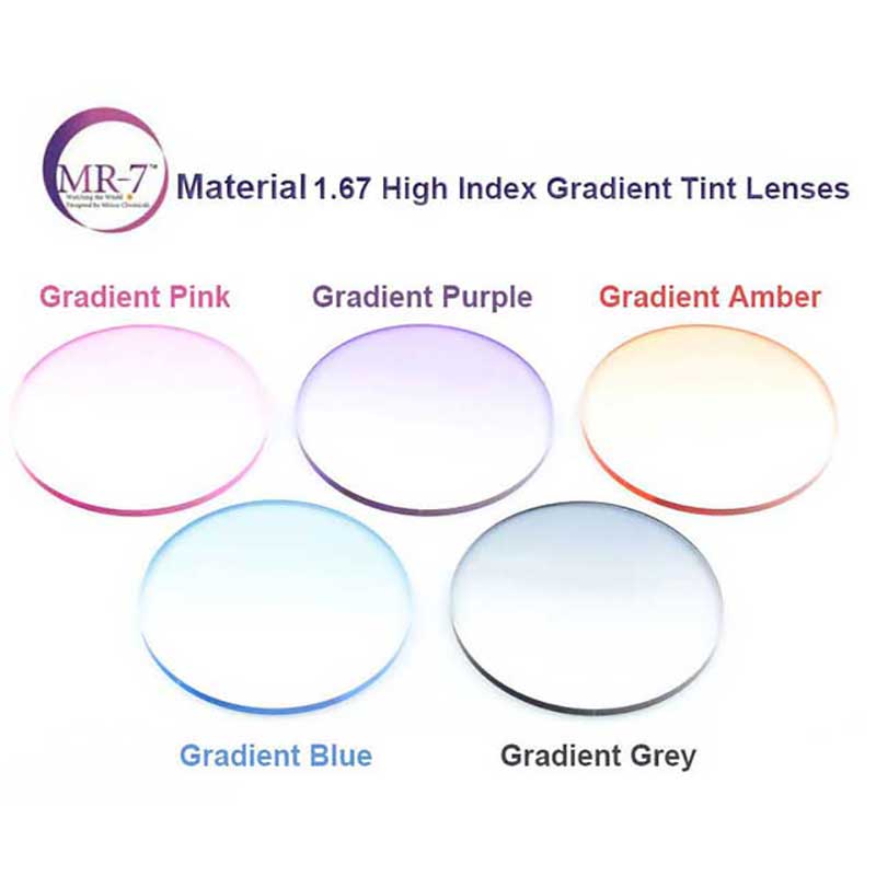 

1.67 Super Thin MR-7 Super-Tough Gradient Tint HMC EMI Asphere Anti UV Myopia Hyperopia Prescription Optical Lenses