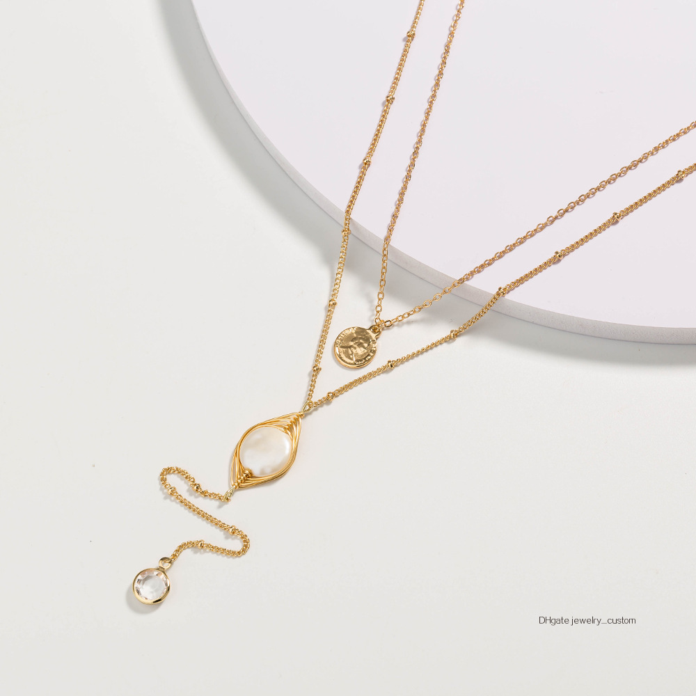 

Multi-storey Necklace Britain Empress Coin Neck Golden Package Edge Freshwater Pearl Crystal Pendeloque Cut Necklace