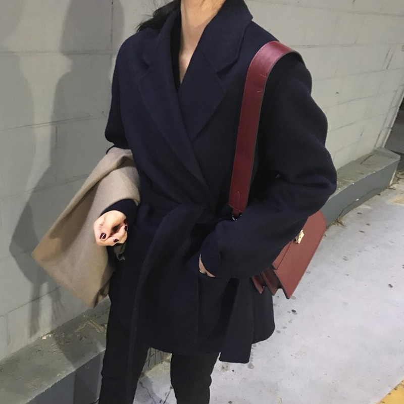 

autumn winter fashion woolen blazer women lapel loose belted thick warm suit jacket, Black