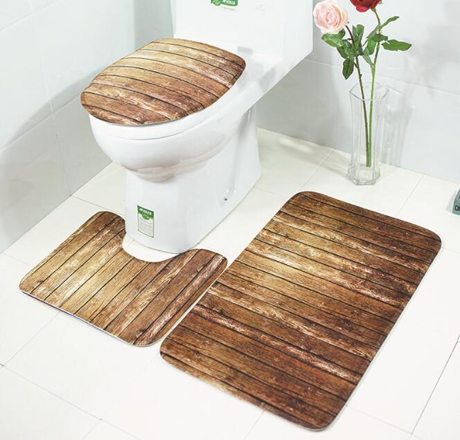 

3D Wood Printed Toilet Cover Set Shower Bath Rugs Lid Toilet Cover + Toilet Mat Non Slip Water Absorption Rug