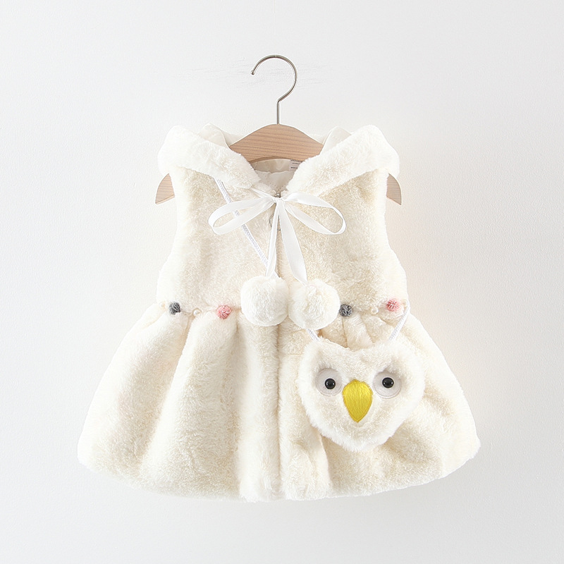 

Winter Infant Girls Faux Fur Cartoon Owl Ball Hooded Fleece Vest Waistcoat Baby Cardigans Kids Outerwear Coats + Bag, Beige