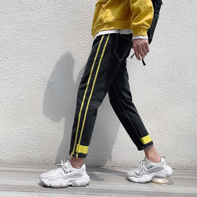 

Ankle length Jeans Men 2020 Autumn Trend Pants Men's Yellow Line Patchwork Jeans Side Stripe Hip Hop Fashion Denim Stretch Pants, Black