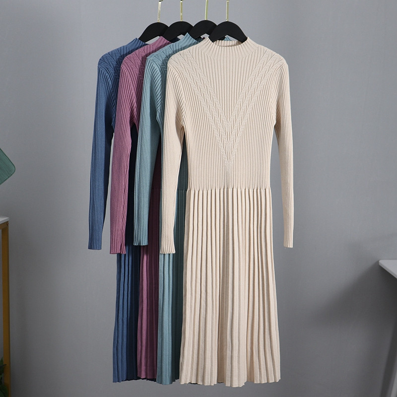 

GIGOGOU Chic Long Knit Maxi Women Sweater Dress Thick Warm Winter Pleated Dress Female Rib Turtleneck A Line Office Lady, Blue 9988