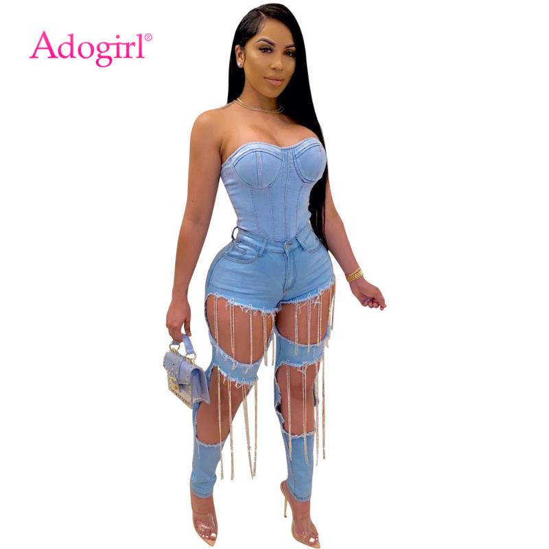 

Adogirl Casual Diamonds Tassel Denim Hollow Out Trousers Women Sexy Skinny Jeans Pants Foot Cut Pencil Pants Daily Hot Sale 2020, Blue pants
