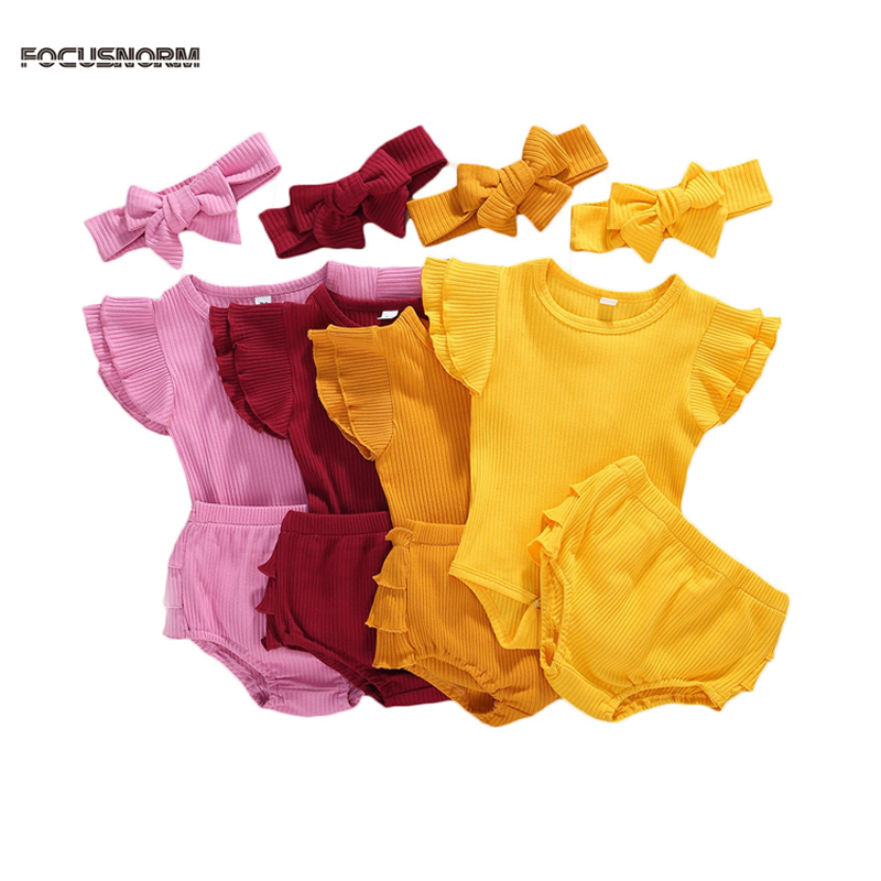 

0-24M Newborn Kids Baby Girls Boys Clothes Sets 3pcs Solid Ruffles Short Sleeve Romper Tops Shorts Headband, Purple