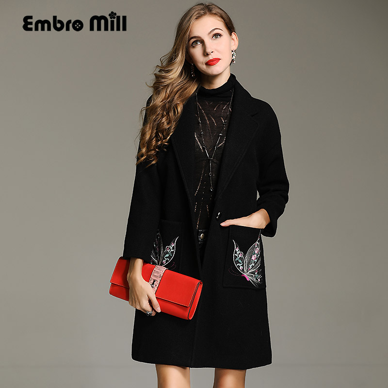 

Embro Mill winter trench coats for women Windbreaker plus size Elegant lady wool embroidery floral loose overcoat female -4XL, Black