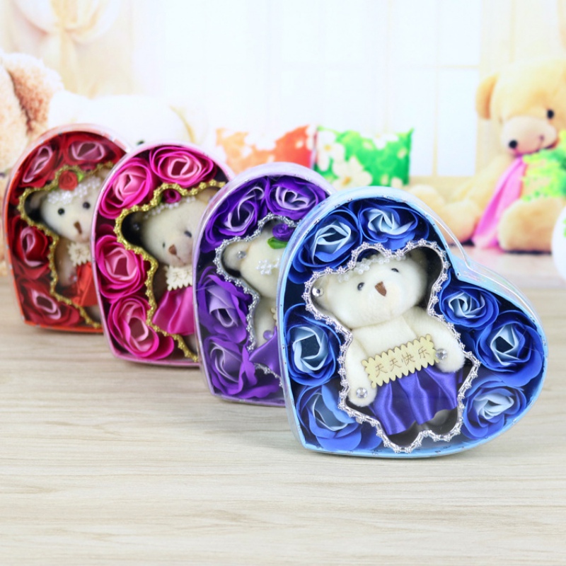 

7Pcs/Box Romantic Rose Soap Flowers With Little Bear Gift Set For Valentine's Day/ Wedding/ Birthday
