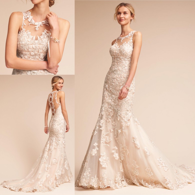 

Graceful Sheer Ivory Lace Mermaid Wedding Dresses 2017 Beach Wedding Arabic Bridal Gowns with Appliques Romantic Robe de marriage, Same as image