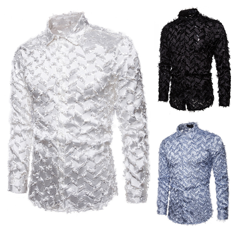 Striped Fake Feather Shirt Men Brand New Black White Long Sleeve Mens Dress Shirts Sexy Club Stage Party Prom Chemise Homme XXL