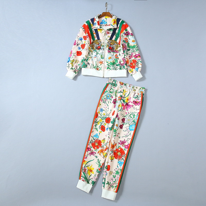 

Autumn 2019 new European and American women's wear Long sleeve printed Embroidered tiger coat Nine minutes of pants Fashion suit, Multi