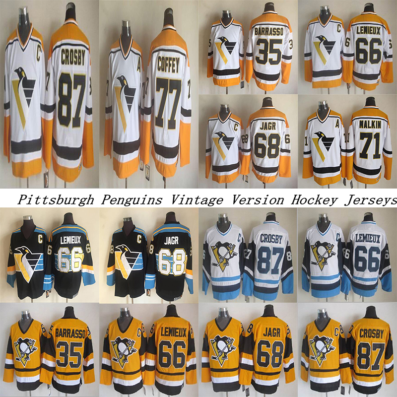 

Pittsburgh Penguins CCM Vintage jerseys 87 CROSBY 71 MAKLIN 66 LEMIEUX 35 BARRASSO 68 JAGR 77 COFFEY Men's Hockey Jersey, White