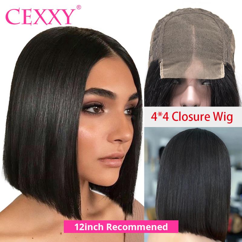 

4x4 Lace Closure Wigs Straight Human Hair Wigs 6-16 Inch Remy Hair Short Bob For Black Women Pre Plucked With Baby, As pic