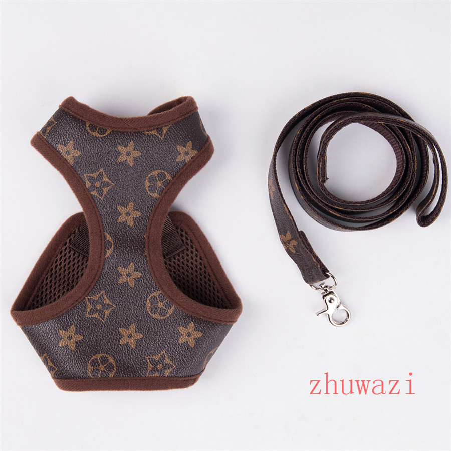 

New Pet Chest And Back Leashes Leather Pet Dog Leash Collar Out Walking Dog Leash Cat Designer Flower Fashion Pets Harnesses