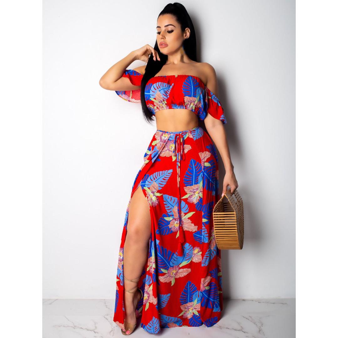 

Two Piece Set Women Summer Long Skirt Set Off Shoulder Split Sexy Crop Top Ruffled Floral Print Beach, Red