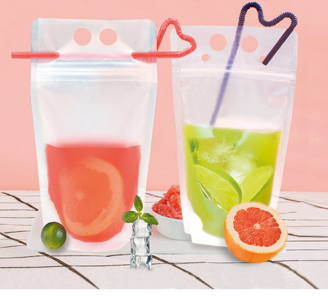 

100pcs Clear Drink Pouches Bags frosted Zipper Stand-up Plastic Drinking Bag with straw with holder Reclosable Heat-Proof 17oz