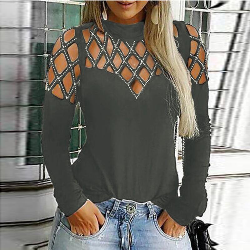 

vintage ropa mujer plus size Plus Size blouse womens Casual Tops Long Sleeve Cut Hollow Out Blouse blusas mujer de moda 2020, Gray