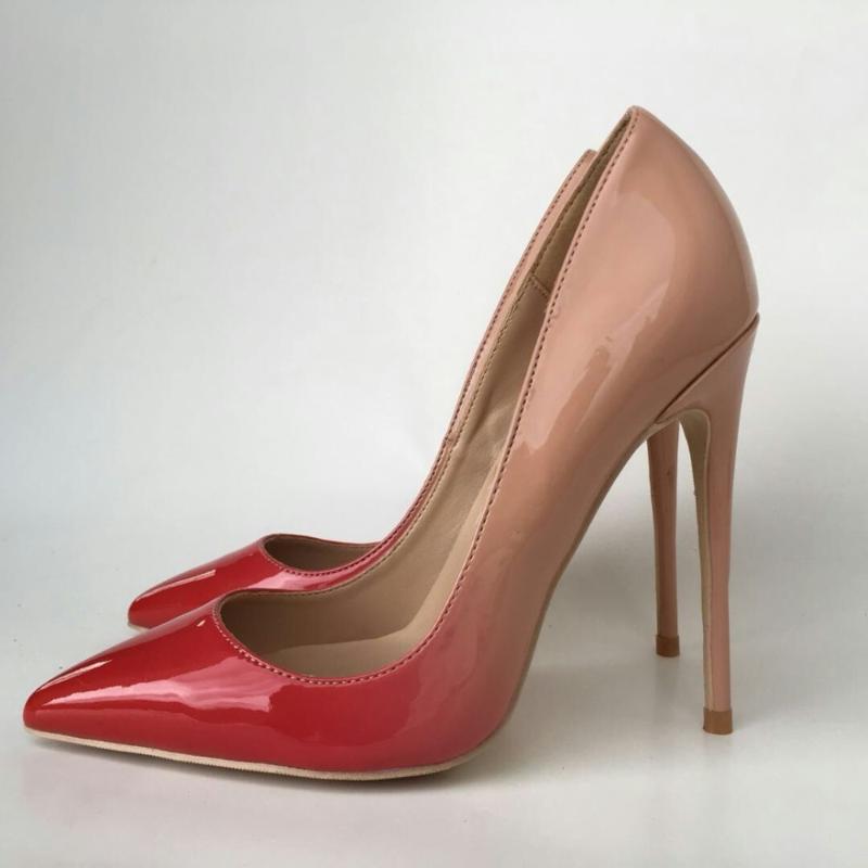 

Keshangjia Top Quality red Nude Gradient Color 12/10/8CM Women Pumps Pointed Toe High Heels Patent Leather Women Party Shoes, 12cm heel red