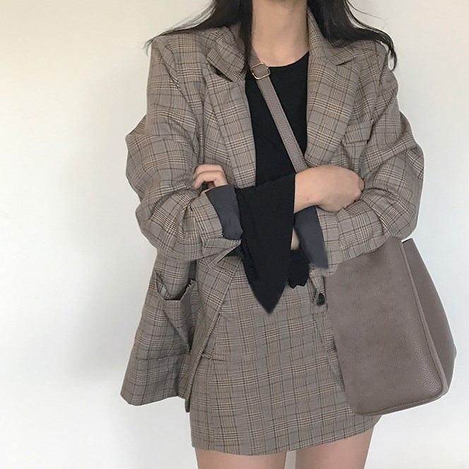 

2019 Autumn Vintage Blazer Coat Mini Skirt Plaid Blazer Outfits Fashion Women 2 Pieces Suit Office Two Piece Set, Brown